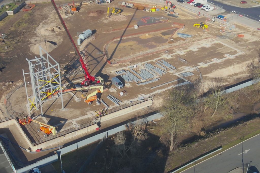 Image from a drone inspection process of a construction site assessing a steel frame.
