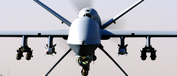MQ-9 Reaper aircraft landing facing the camera