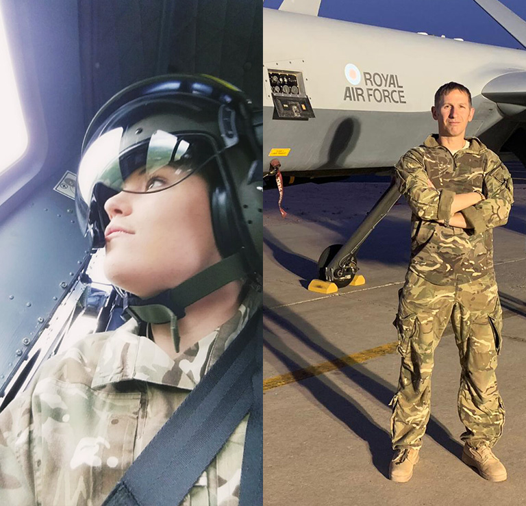 Two people in military uniform. One inside aircraft and one outside aircraft.